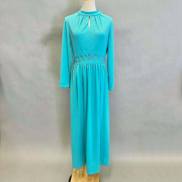 Vintage 60s/70s Turquoise Blue Keyhole Front Maxi Dress High Neck Size 18 - Picture 15 of 16